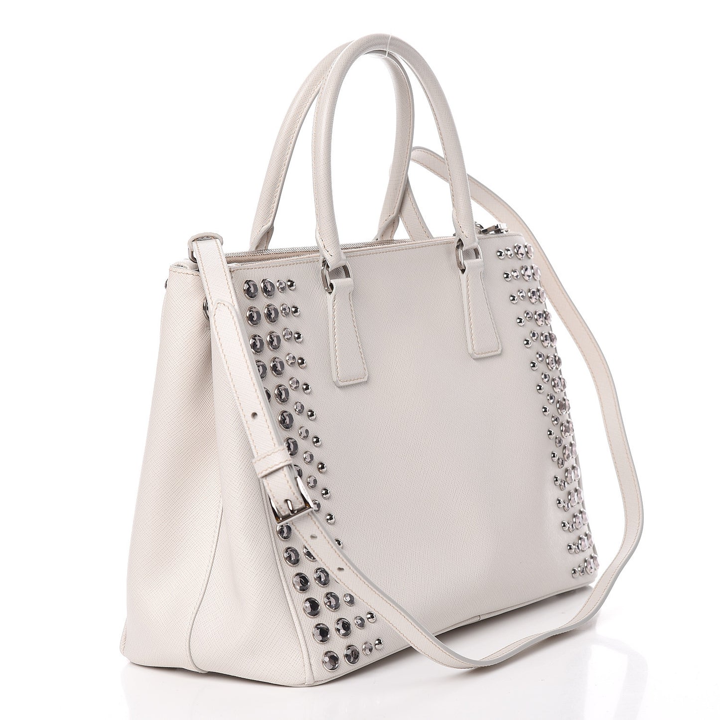 Saffiano Lux Studded Crystal Medium Galleria Double Zip Tote Talco