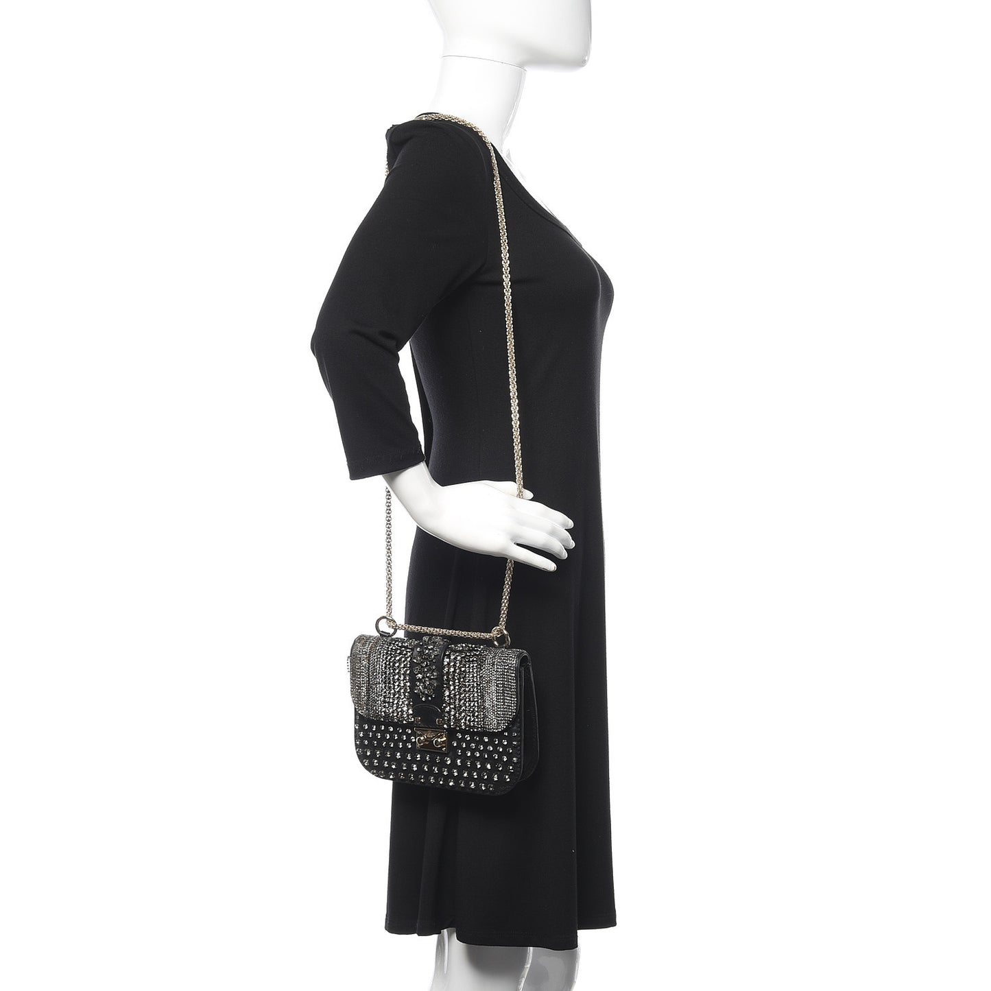 Vitello Crystal Embellished Small Glam Lock Rockstud Flap Black