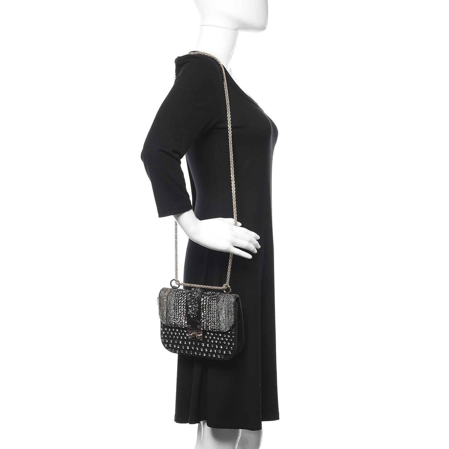 Valentino Garavani Vitello Crystal Embellished Small Glam Lock Rockstud Flap Black 2 of 13
