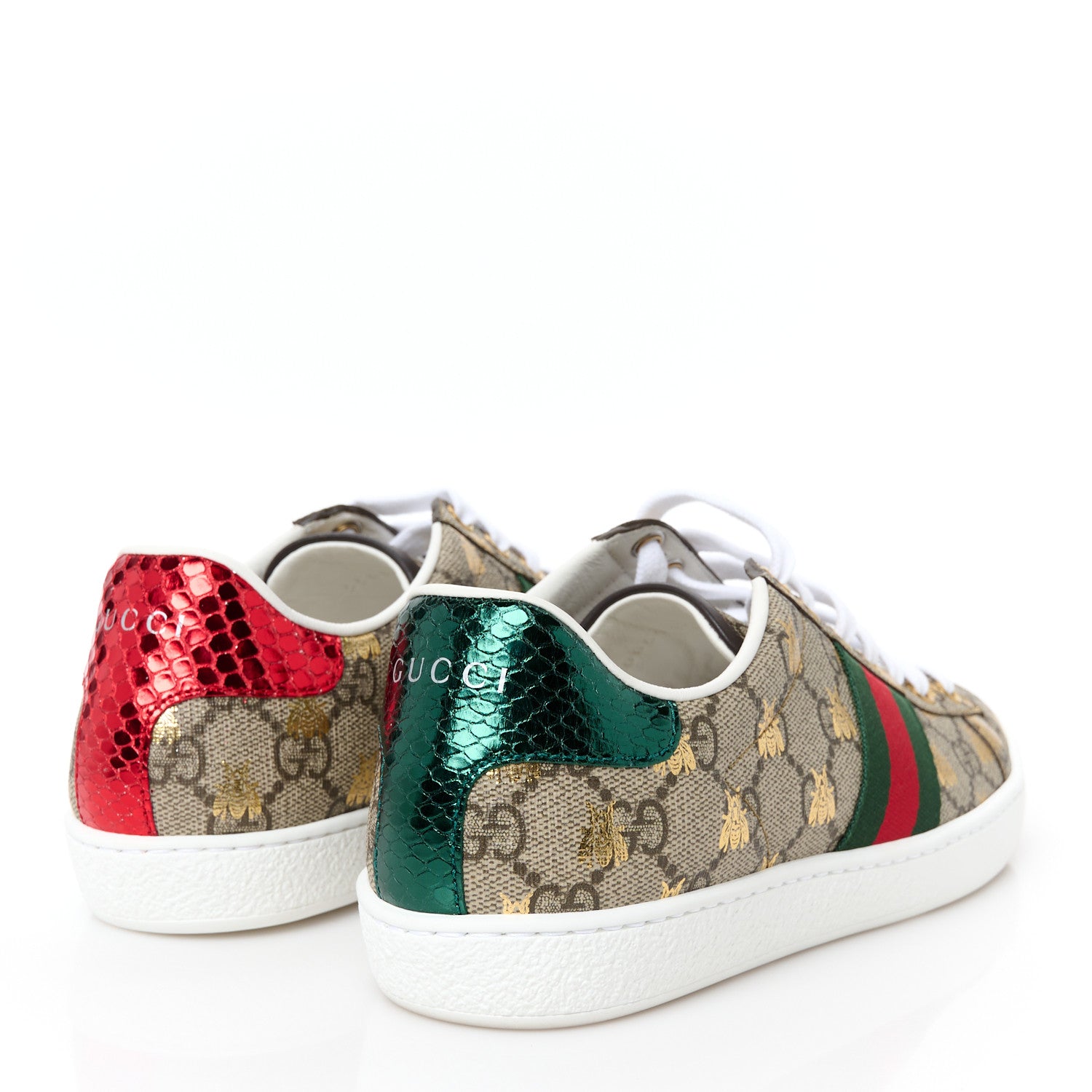 Gucci GG Supreme Monogram Bees Ayers Web Womens Ace Sneakers 37 Beige Oro Green Red 5 of 11