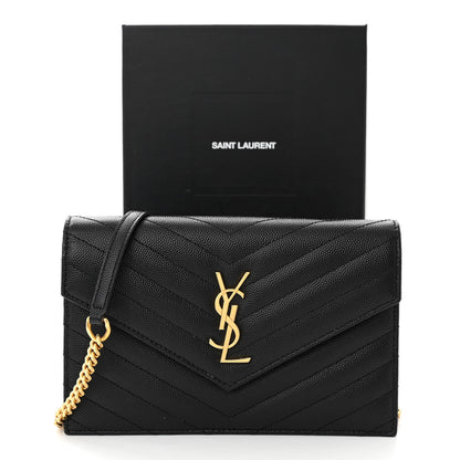 Saint Laurent Grain De Poudre Matelasse Chevron Monogram Envelope Chain Wallet Black 11 of 11