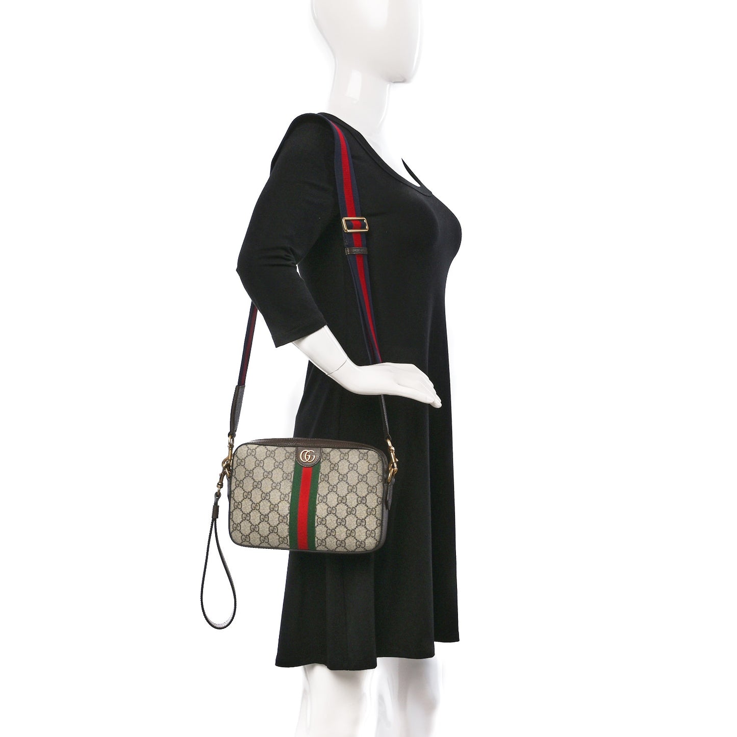 GG Supreme Monogram Textured Dollar Calfskin Web Ophidia Wristlet Shoulder Bag Beige Ebony New Acero