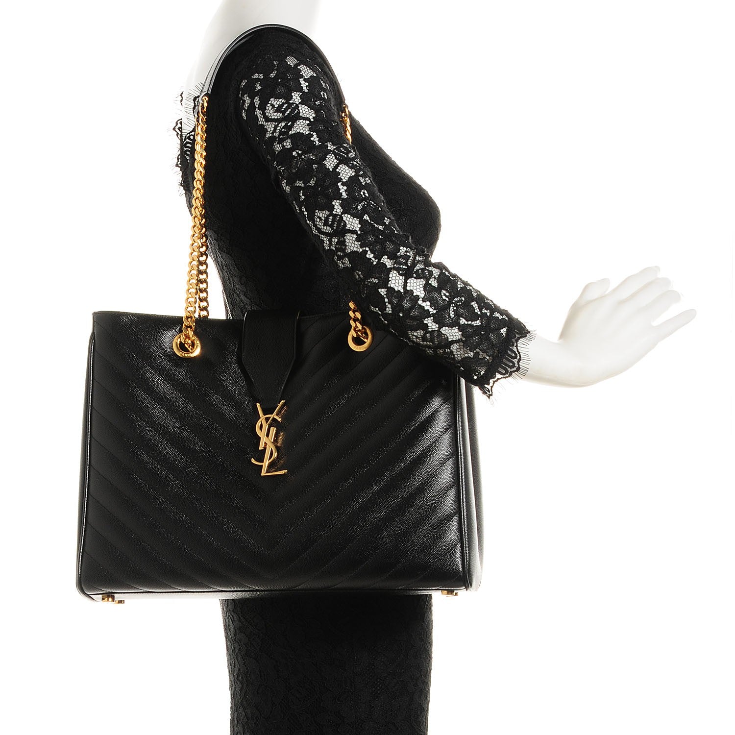 Saint Laurent Grain De Poudre Matelasse Chevron Monogram Shopping Bag Black 2 of 11