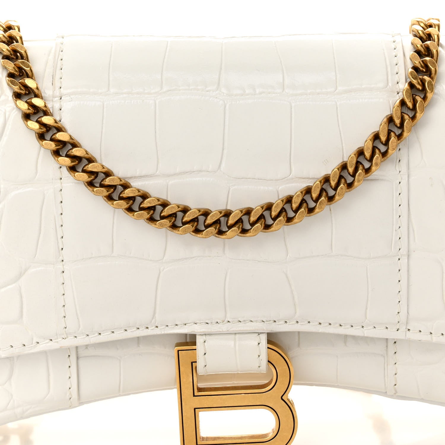 Balenciaga Shiny Calfskin Crocodile Embossed Hourglass Chain Bag White 7 of 9