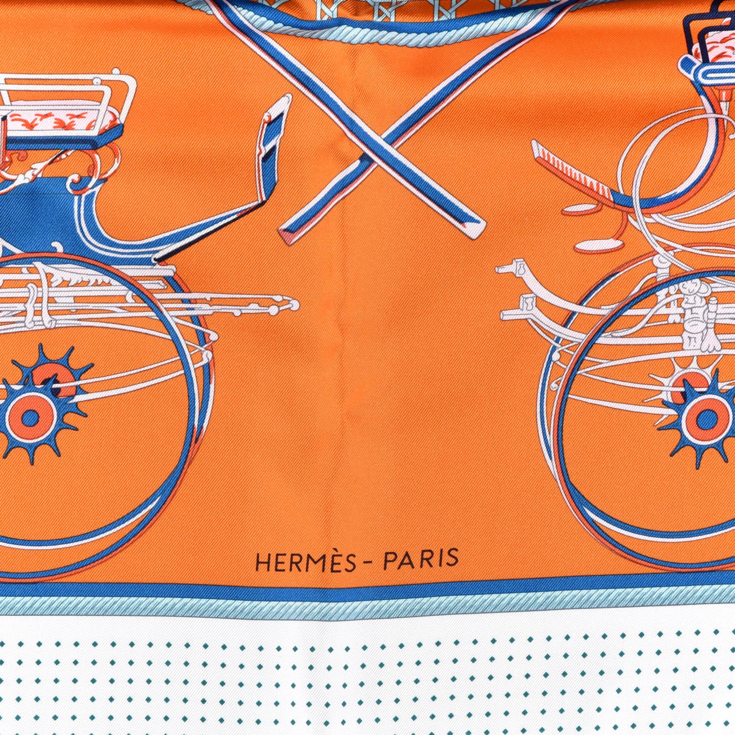 Hermes Silk Les Voitures A Transformation Scarf 90 Orange White Bleu 3 of 6