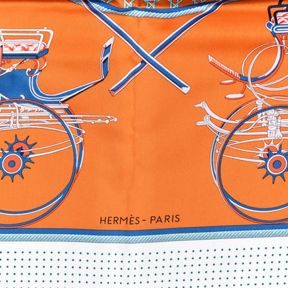 Hermes Silk Les Voitures A Transformation Scarf 90 Orange White Bleu 3 of 6