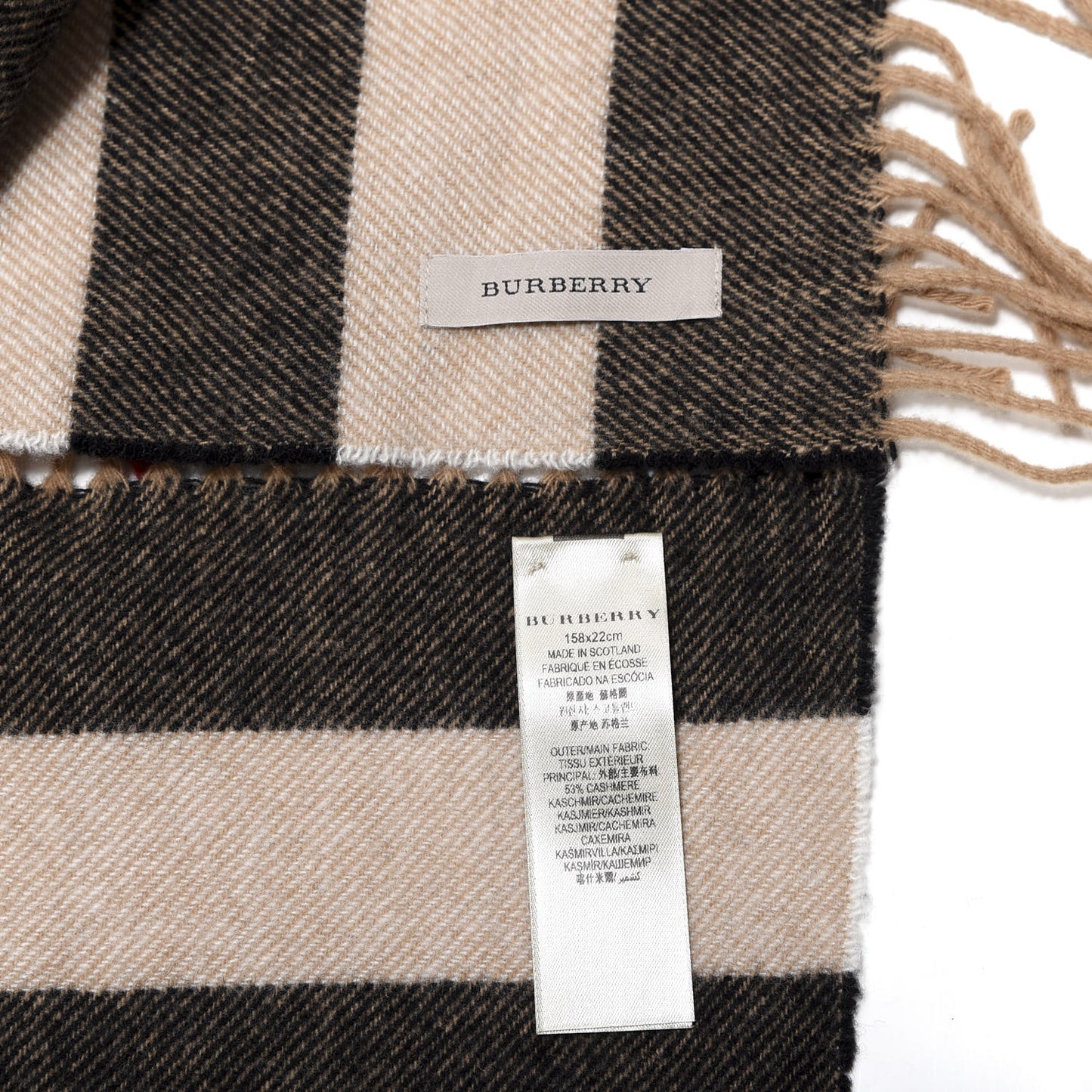 Wool Cashmere Half Mega Check Happy Fringe Scarf Camel