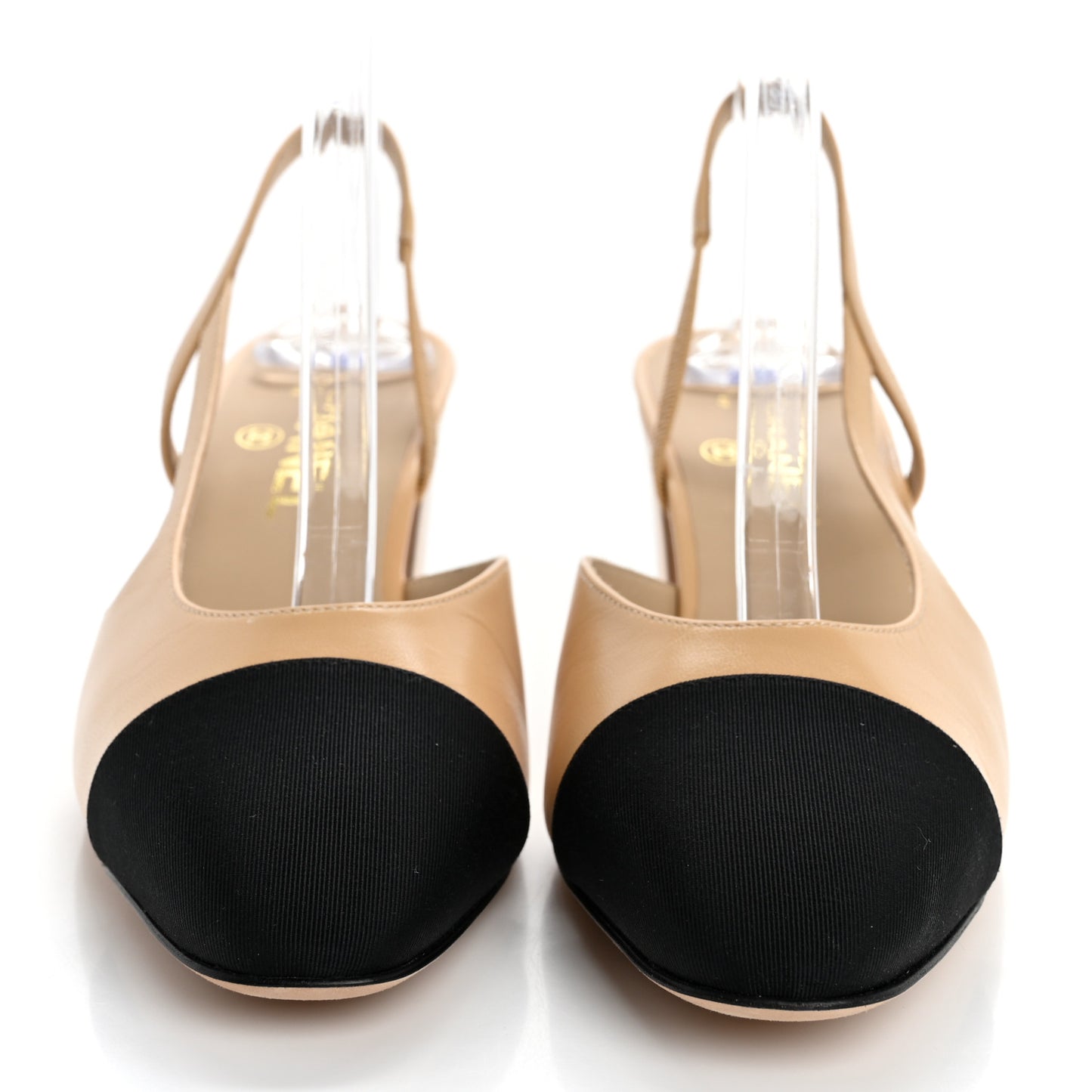 Goatskin Grosgrain Cap Toe CC Slingback Pumps 39 Beige Black