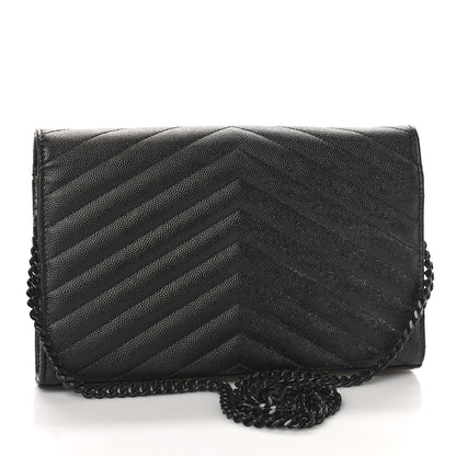 Saint Laurent Grain De Poudre Matelasse Chevron Monogram Monochrome Chain Wallet Black 3 of 10