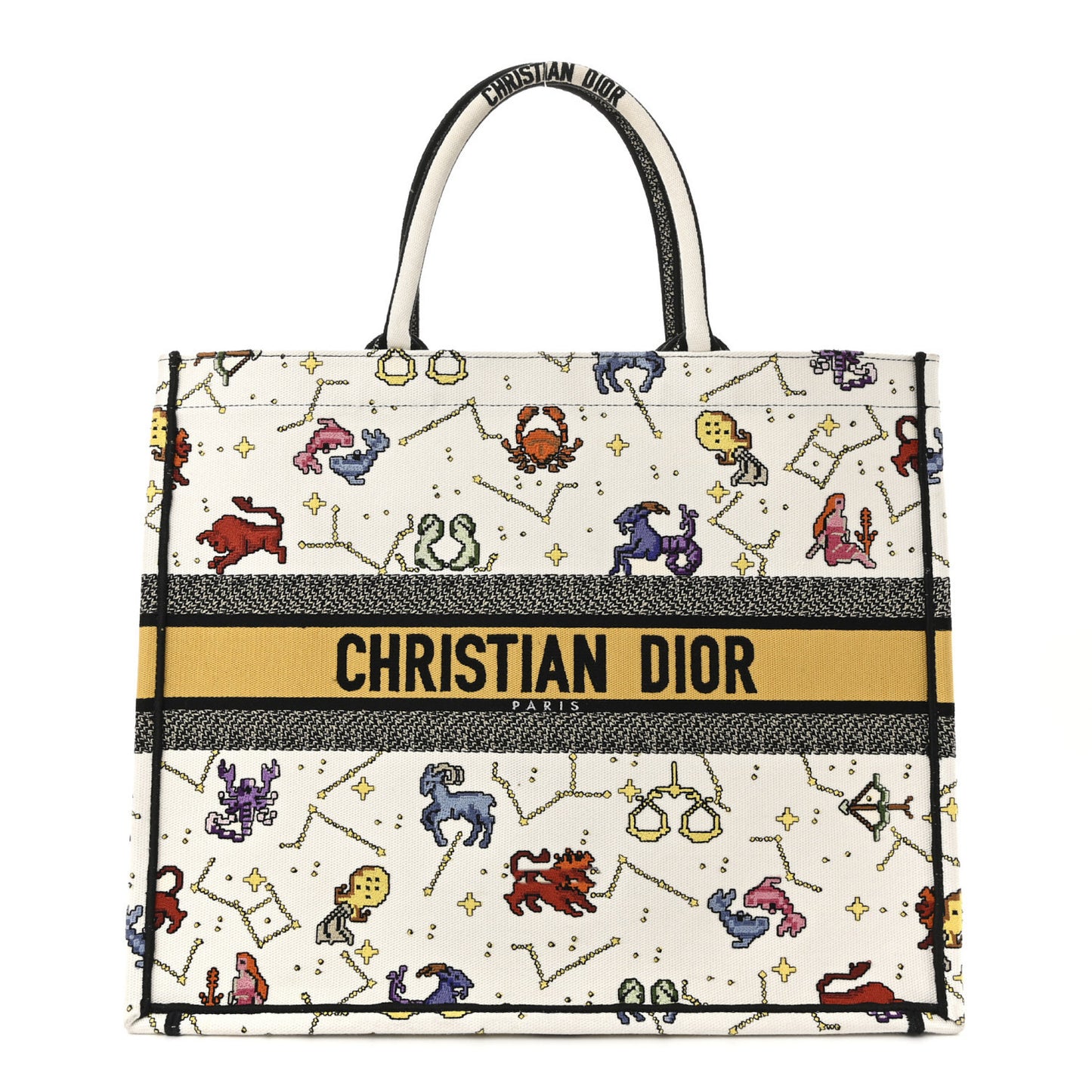 Canvas Embroidered Large Pixel Zodiac Book Tote Latte Multicolor