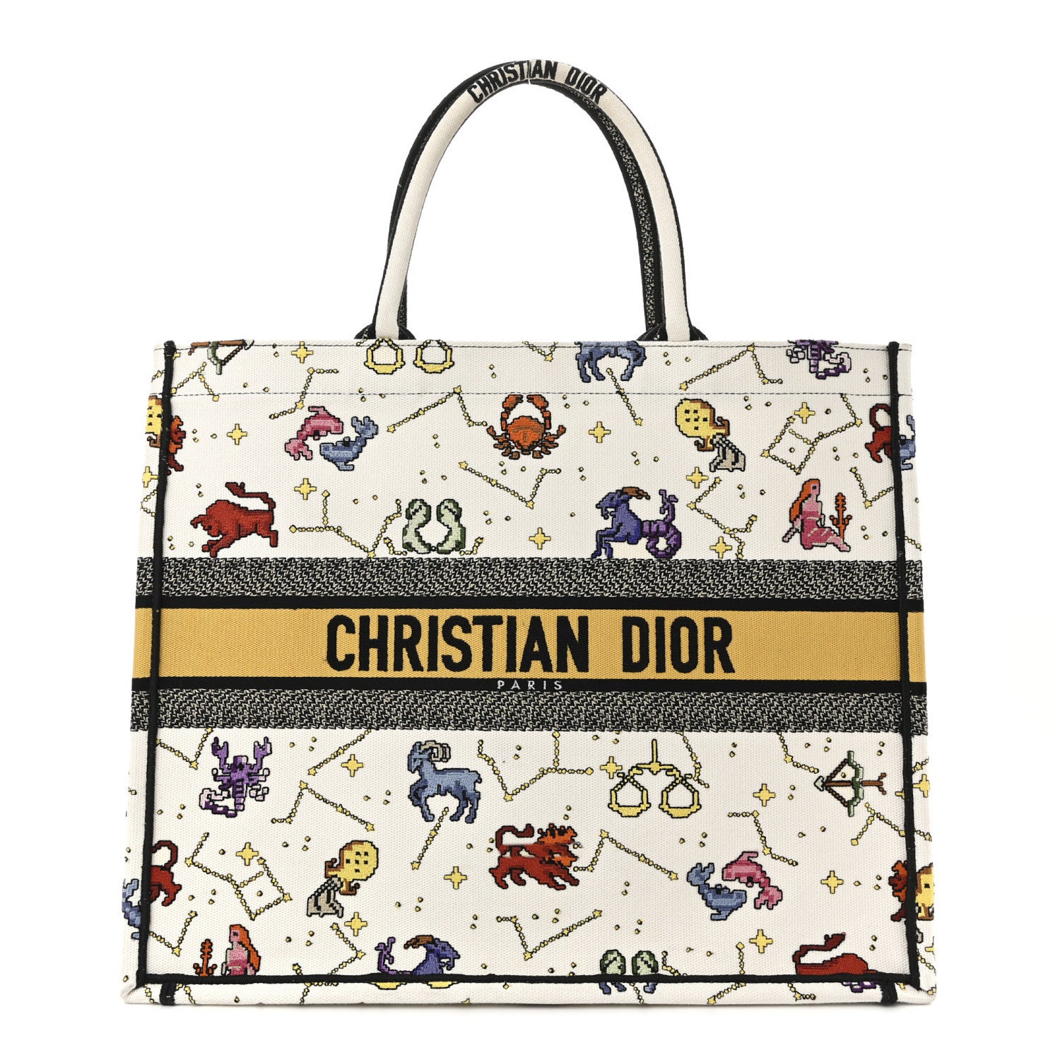Christian Dior Canvas Embroidered Large Pixel Zodiac Book Tote Latte Multicolor 1 of 10
