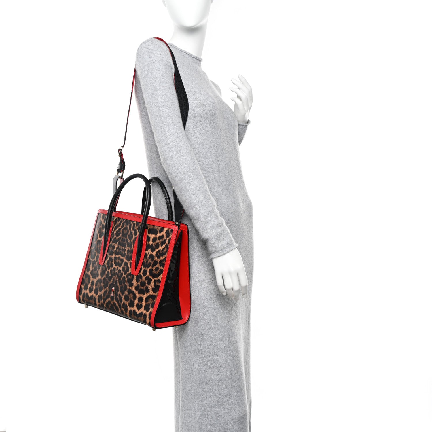 Christian Louboutin Calfskin Leopard Jacquard Spiked Medium Paloma Red Black 2 of 10