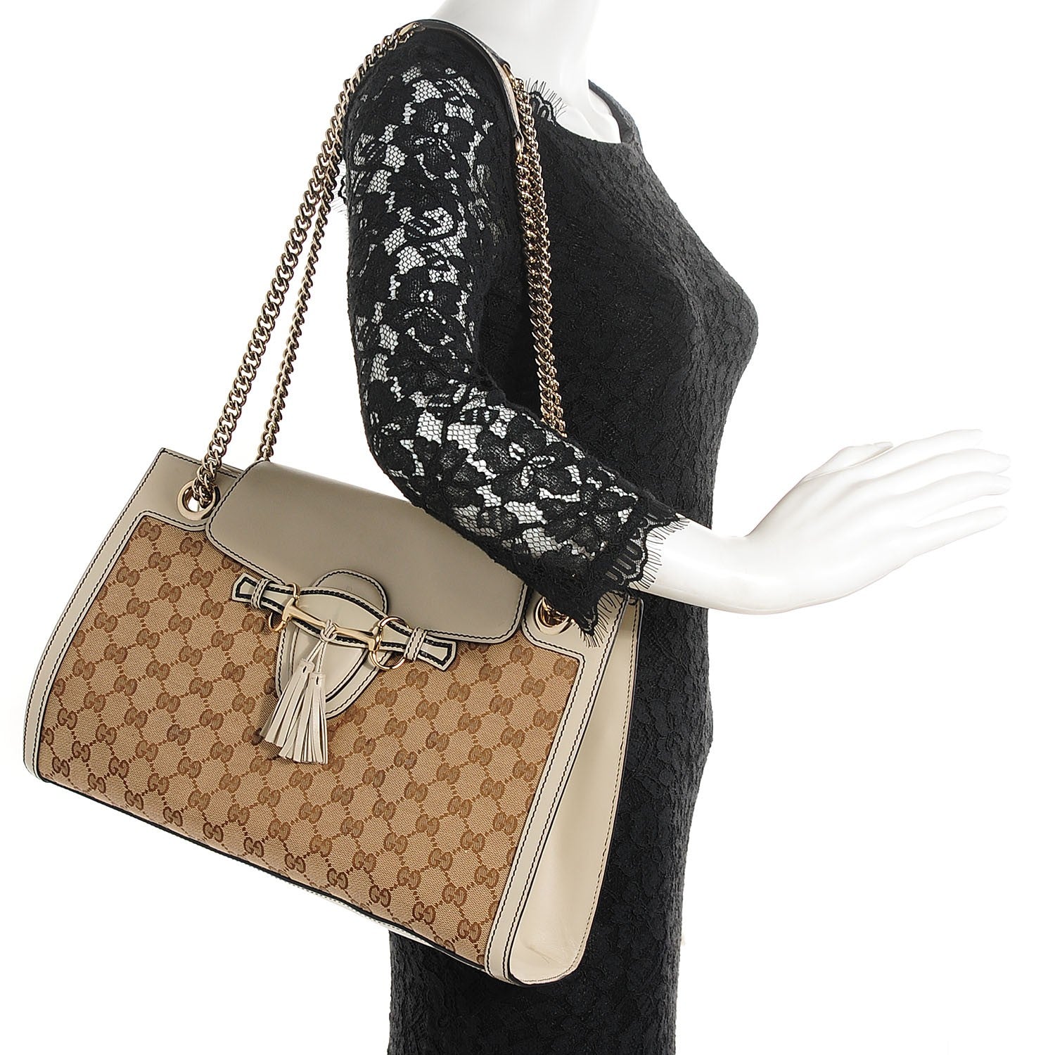 Gucci Monogram Margaux Calfskin Large Emily Chain Shoulder Bag Beige Ebony Mystic White 4 of 18