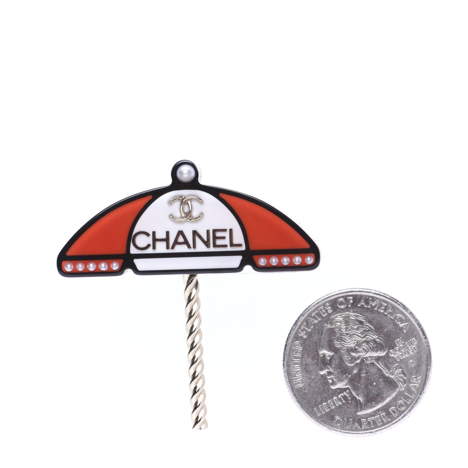Chanel Resin Pearl Umbrella Brooch Gold Red White 2 of 8