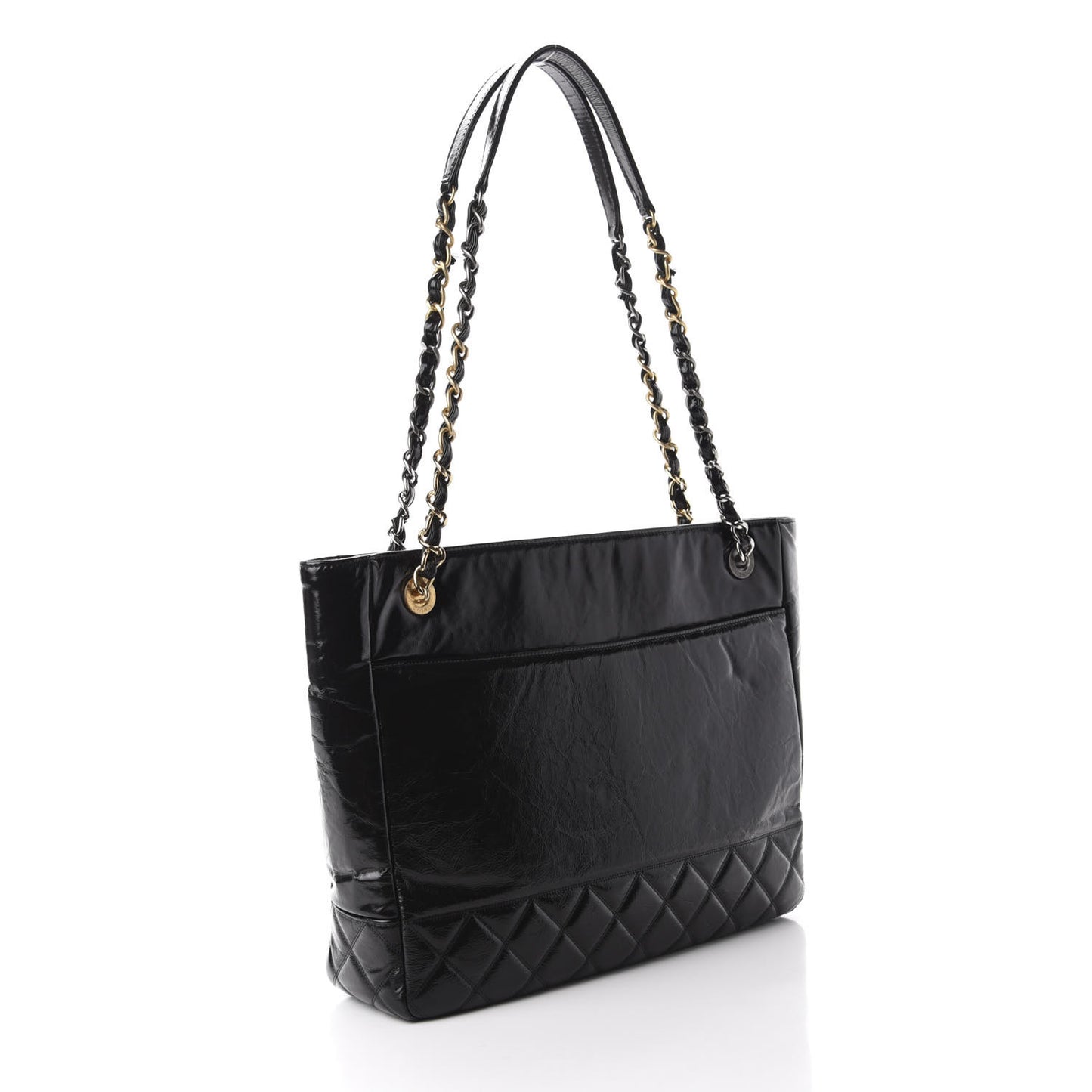 Shiny Aged Calfskin Quilted Small Shopping Bag Black