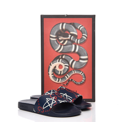 Gucci Calfskin GucciGhost Print Womens Slide Sandals 37 Blue Agata Hibiscus Red 8 of 8