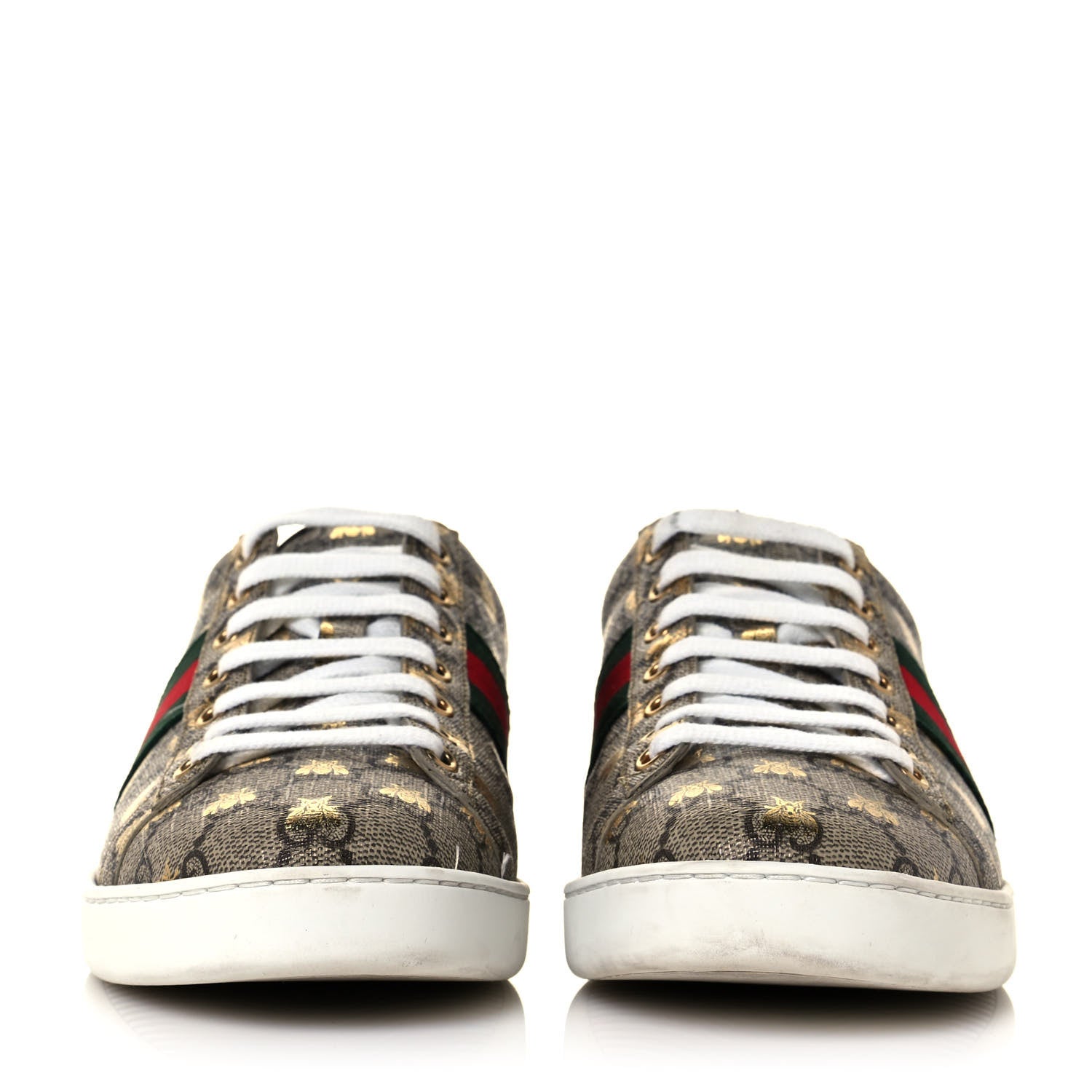 Gucci GG Supreme Monogram Bees Ayers Web Womens Ace Sneakers 39.5 Beige Oro Green Red 2 of 10