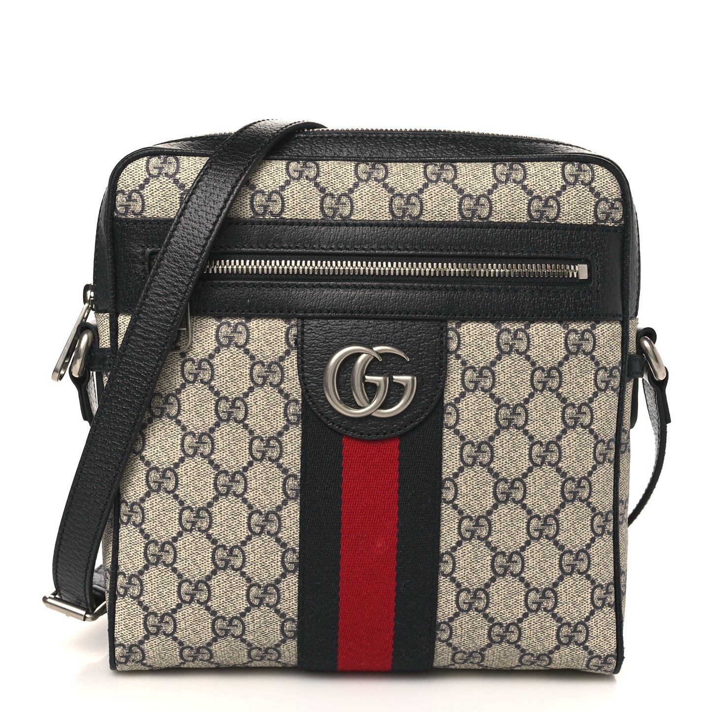 GG Supreme Monogram Textured Dollar Calfskin Web Small Ophidia Messenger Bag Beige Blue