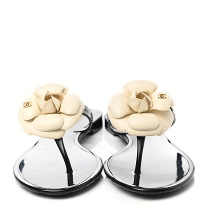 Chanel Jelly Camellia Thong Sandals 37 Black Ivory 2 of 9