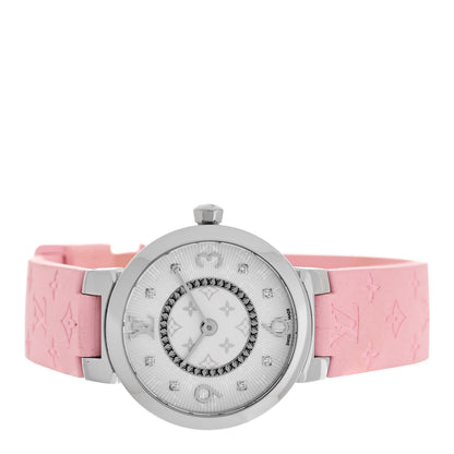 Louis Vuitton Stainless Steel Rubber Diamond 28mm Tambour Slim Quartz Watch Pink 2 of 5