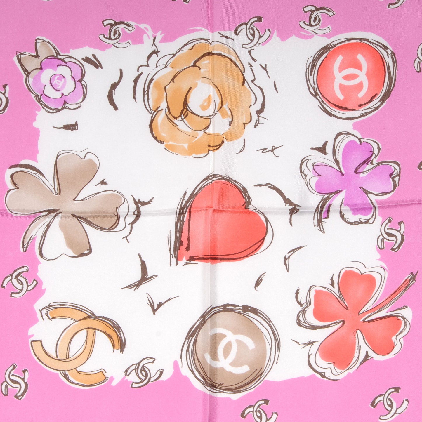 Silk CC Camellia Clover Heart Scarf Pink