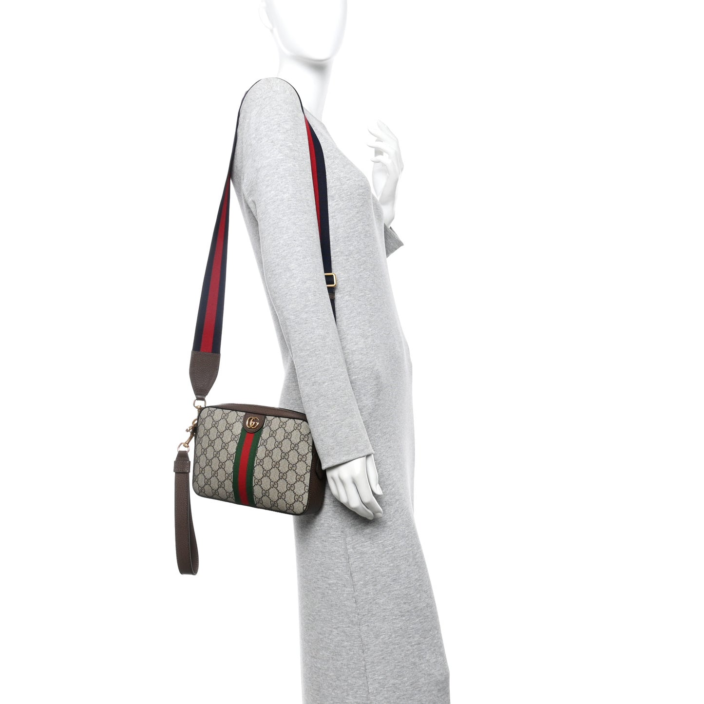 GG Supreme Monogram Textured Dollar Calfskin Web Ophidia Wristlet Shoulder Bag Beige Ebony New Acero