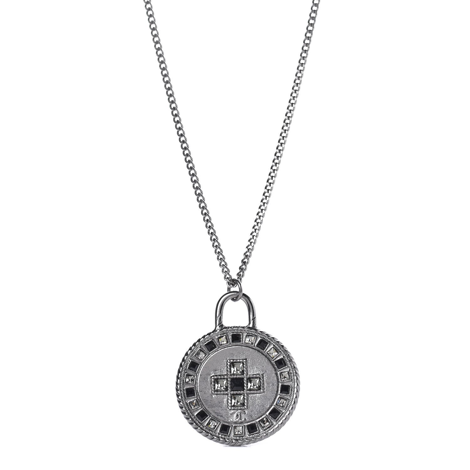 Chanel Crystal CC Medallion Necklace Ruthenium Black 4 of 9