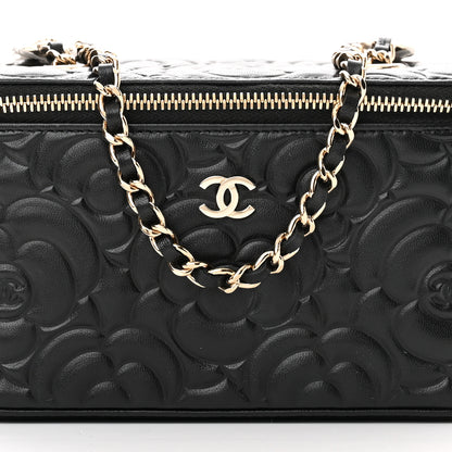 Chanel Lambskin Camellia Embossed Small Vanity Case With Chain Black 8 of 10