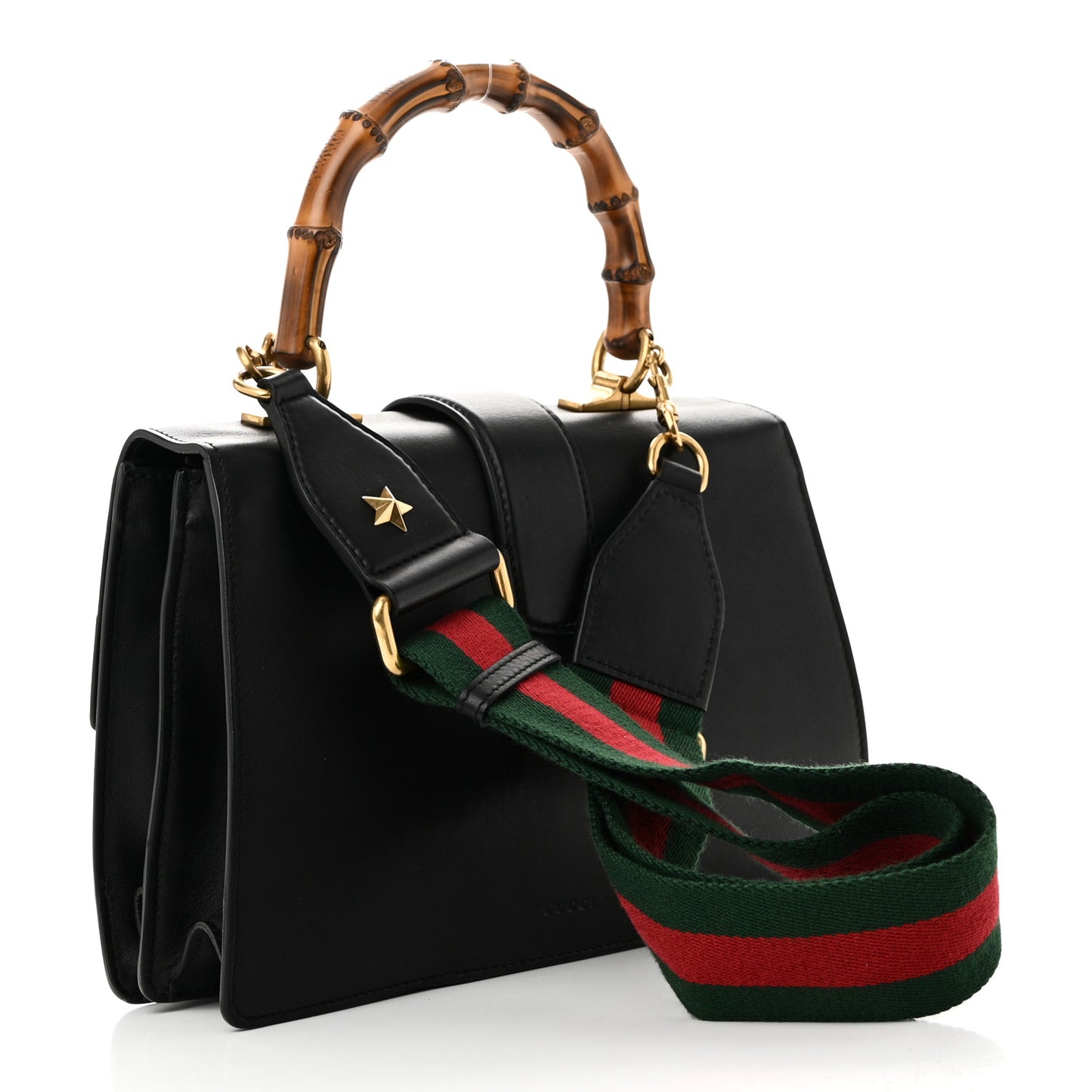Moon Calfskin Web Medium Dionysus Bamboo Top Handle Bag Black Bright Evergreen Hibiscus Red