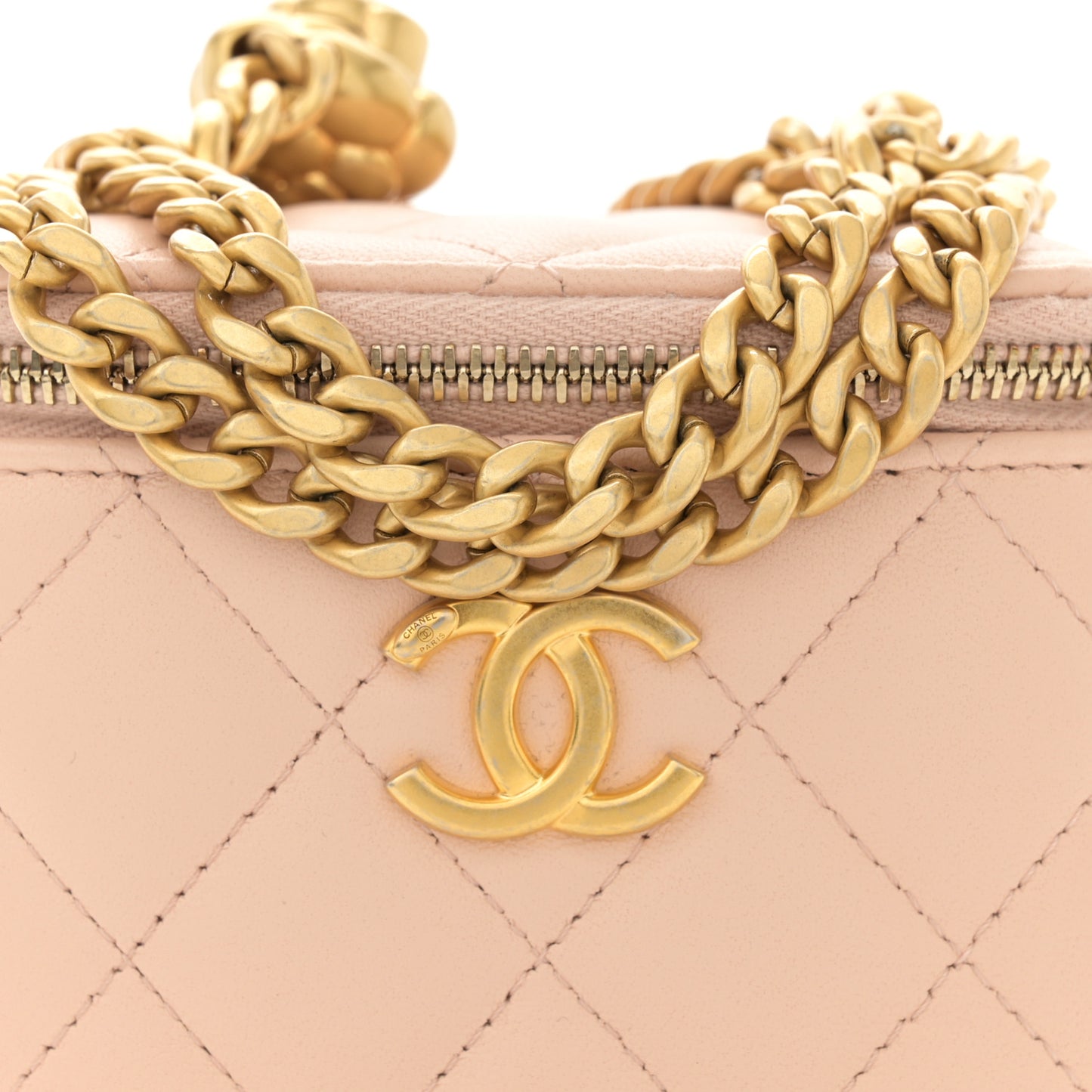 Lambskin Quilted Mini Sweet Camellia Vanity Case With Chain Beige