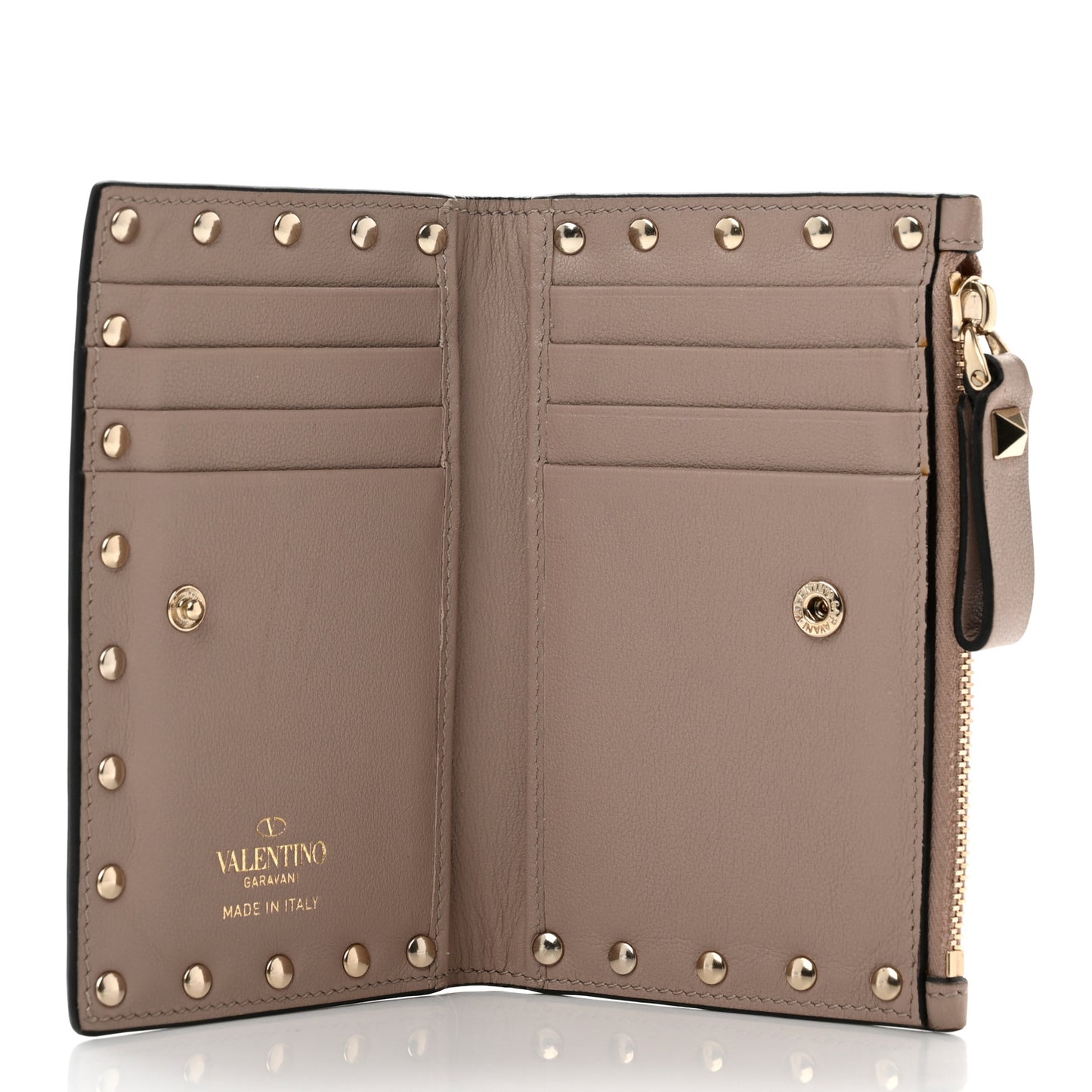 Calfskin Rockstud Card Holder with Zipper Poudre