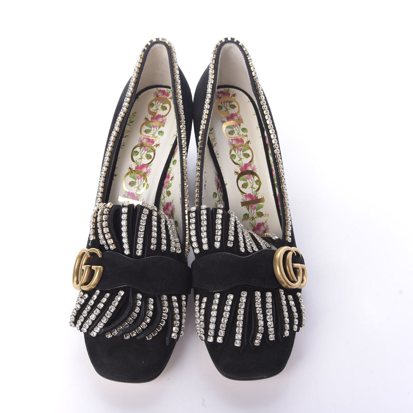Kid Scamosciato Crystal GG Marmont Fringe 50mm Loafer Pumps 37.5 Black