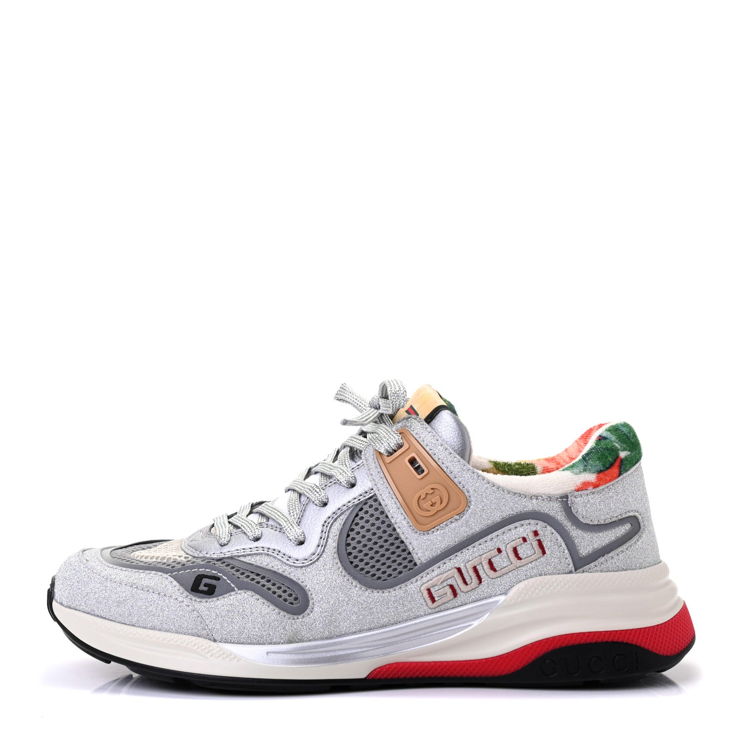 Gucci Metallic Calfskin Glitter Mesh Womens Ultrapace Sneakers 38 Silver Light Grey Mystic White 1 of 9