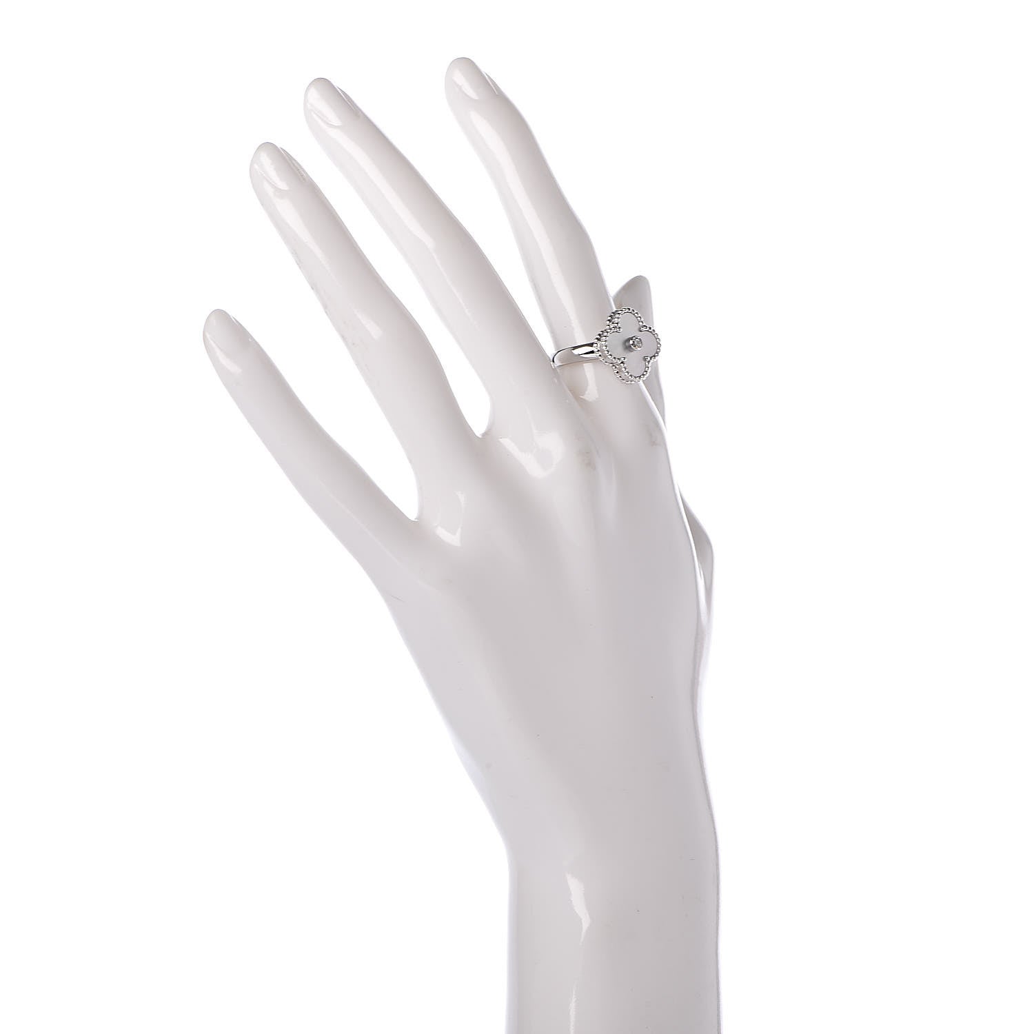 Van Cleef & Arpels 18K White Gold Diamond Mother of Pearl Vintage Alhambra Ring 50 5.25 2 of 5