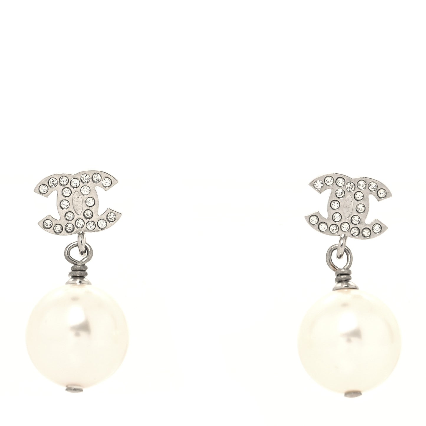 Crystal Pearl CC Drop Earrings Silver Pearly White