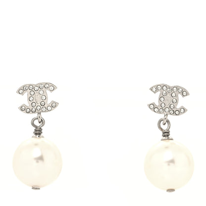 Chanel Crystal Pearl CC Drop Earrings Silver Pearly White 1 of 4