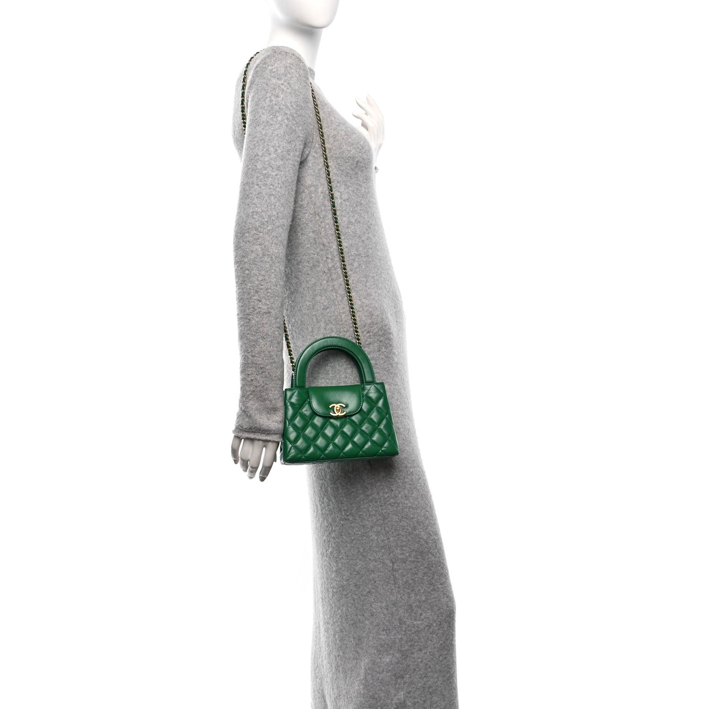 Shiny Aged Calfskin Quilted Nano Kelly Shopper Green