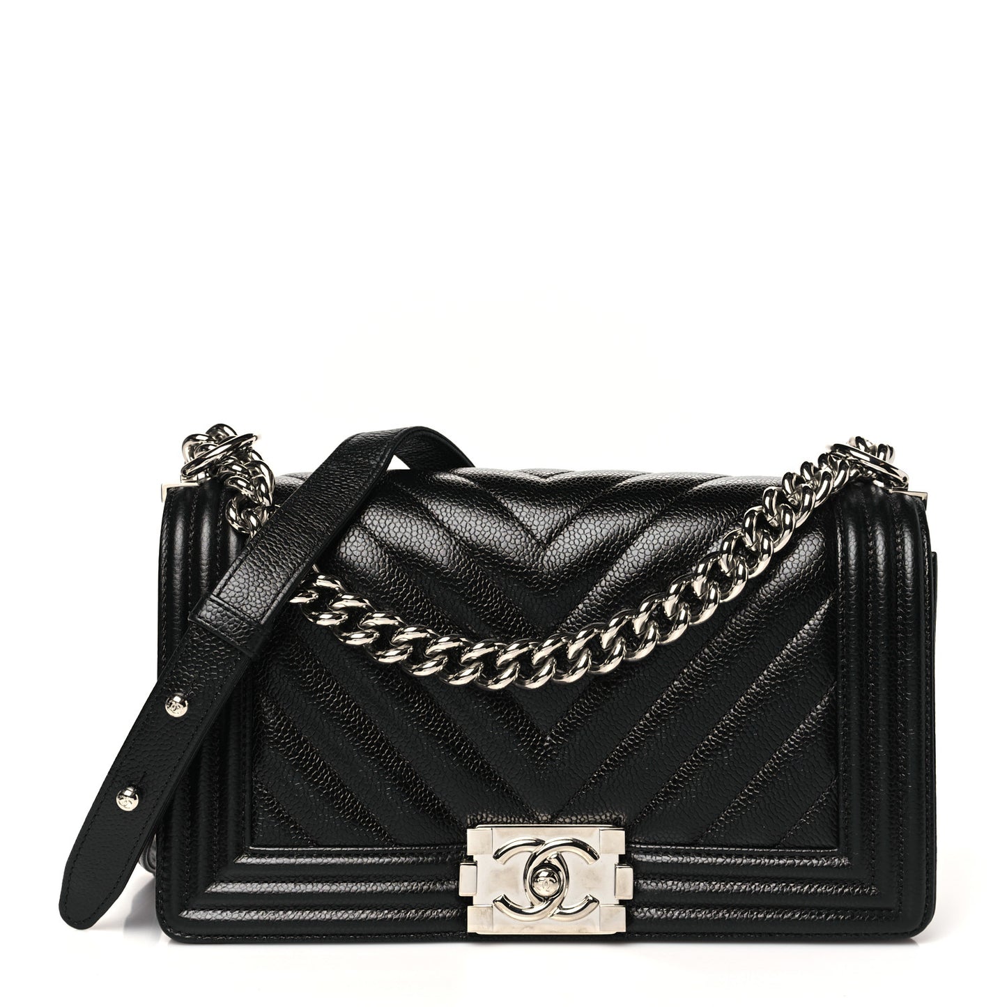 Caviar Chevron Quilted Medium Boy Flap Black