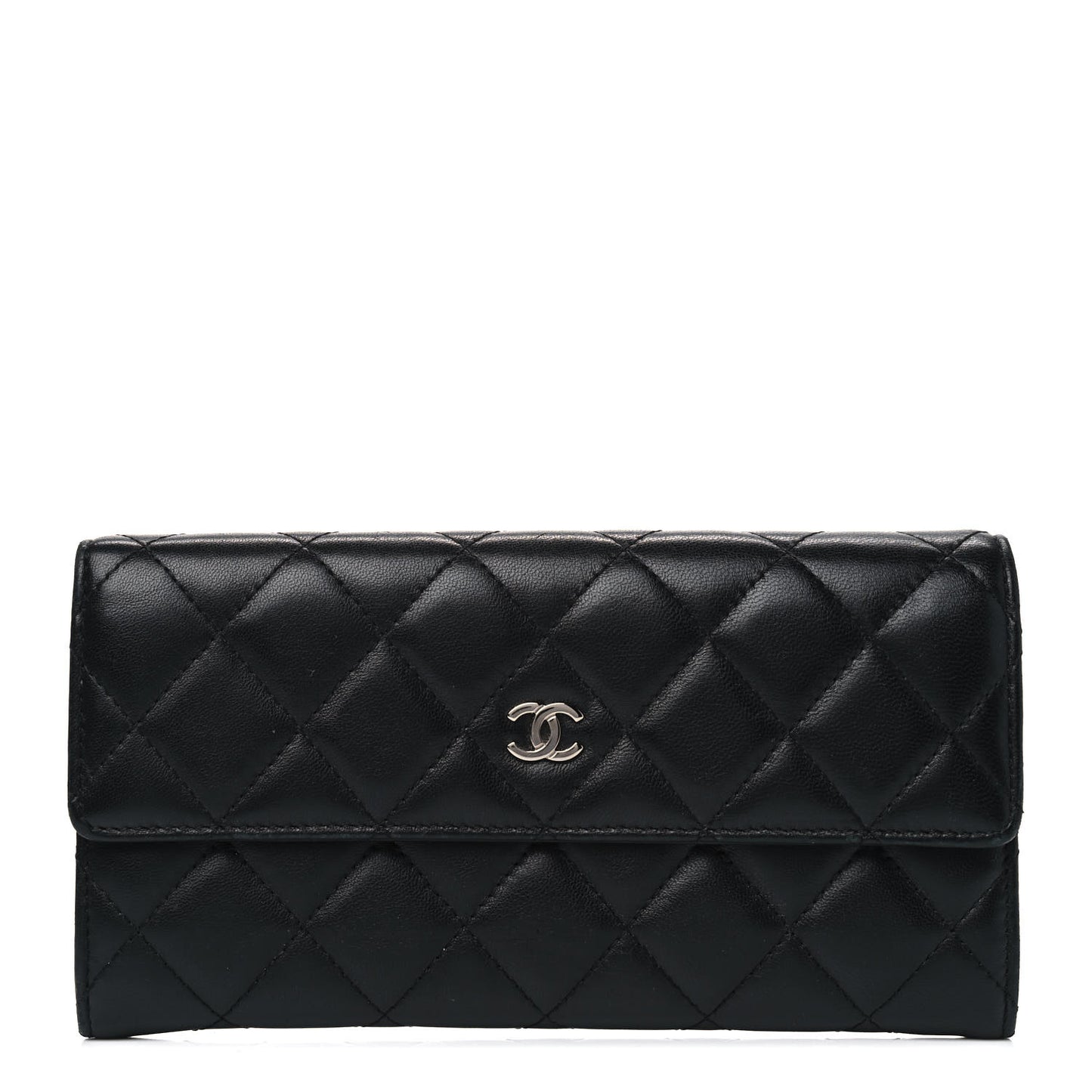 Lambskin Quilted Large Gusset Flap Wallet Black