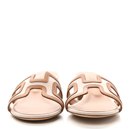 Hermes Calfskin Canvas Oasis Sandals 37 Noisette Beige Dore 2 of 9
