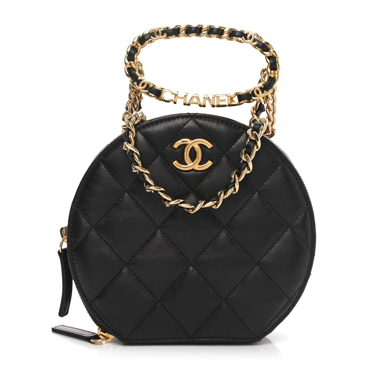 Chanel Lambskin Quilted Chain Logo Top Handle Small Round Black 1 of 11