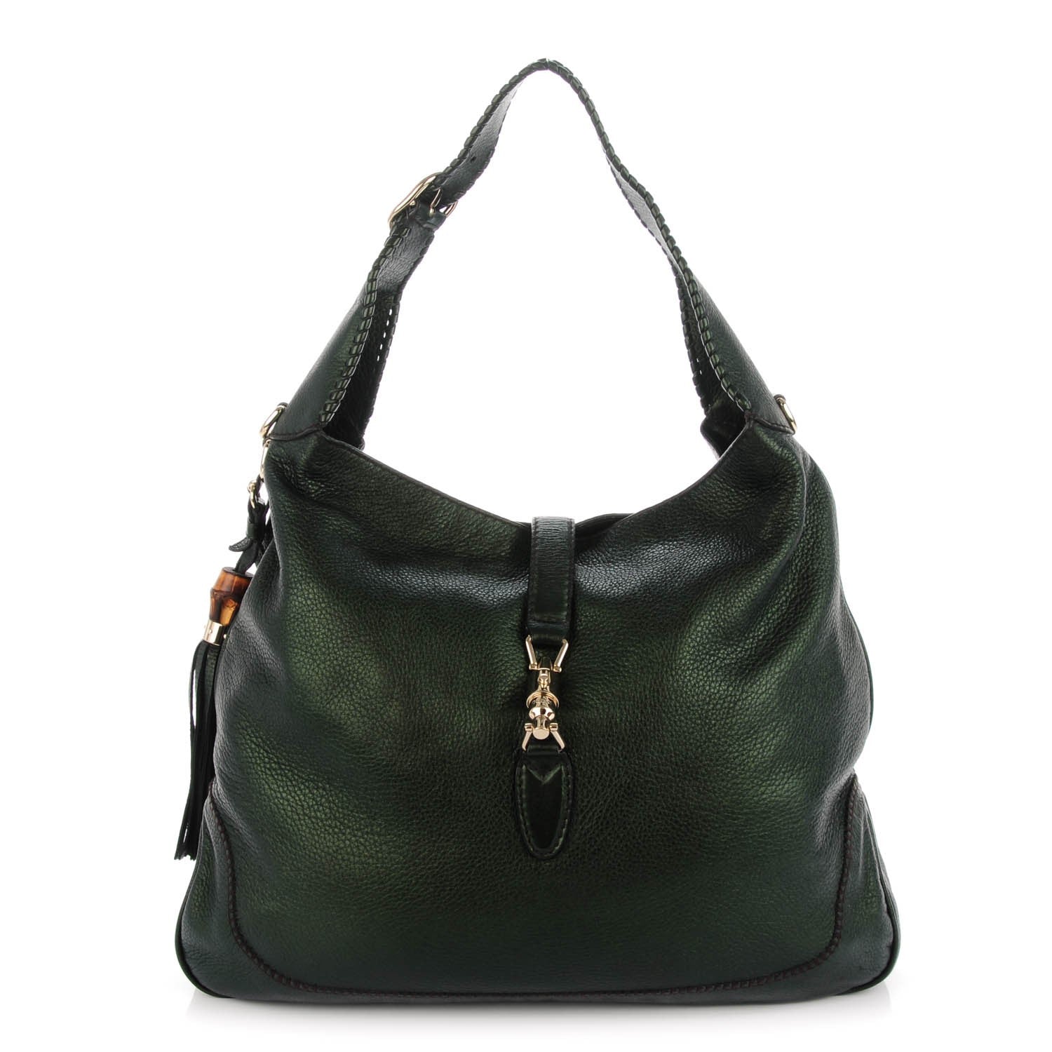 Gucci Metallic Pebbled Calfskin Large New Jackie Shoulder Bag Green 1 of 7