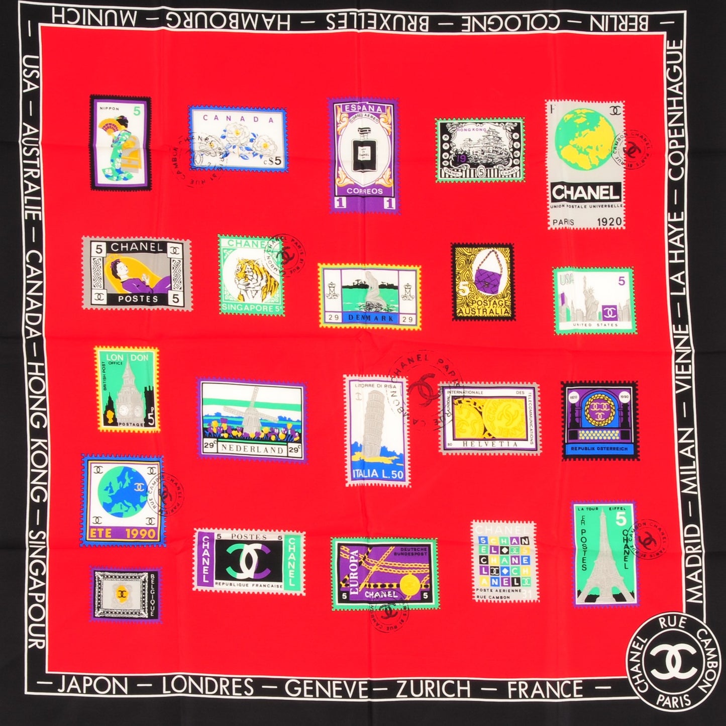 Silk Stamps Scarf Red Black