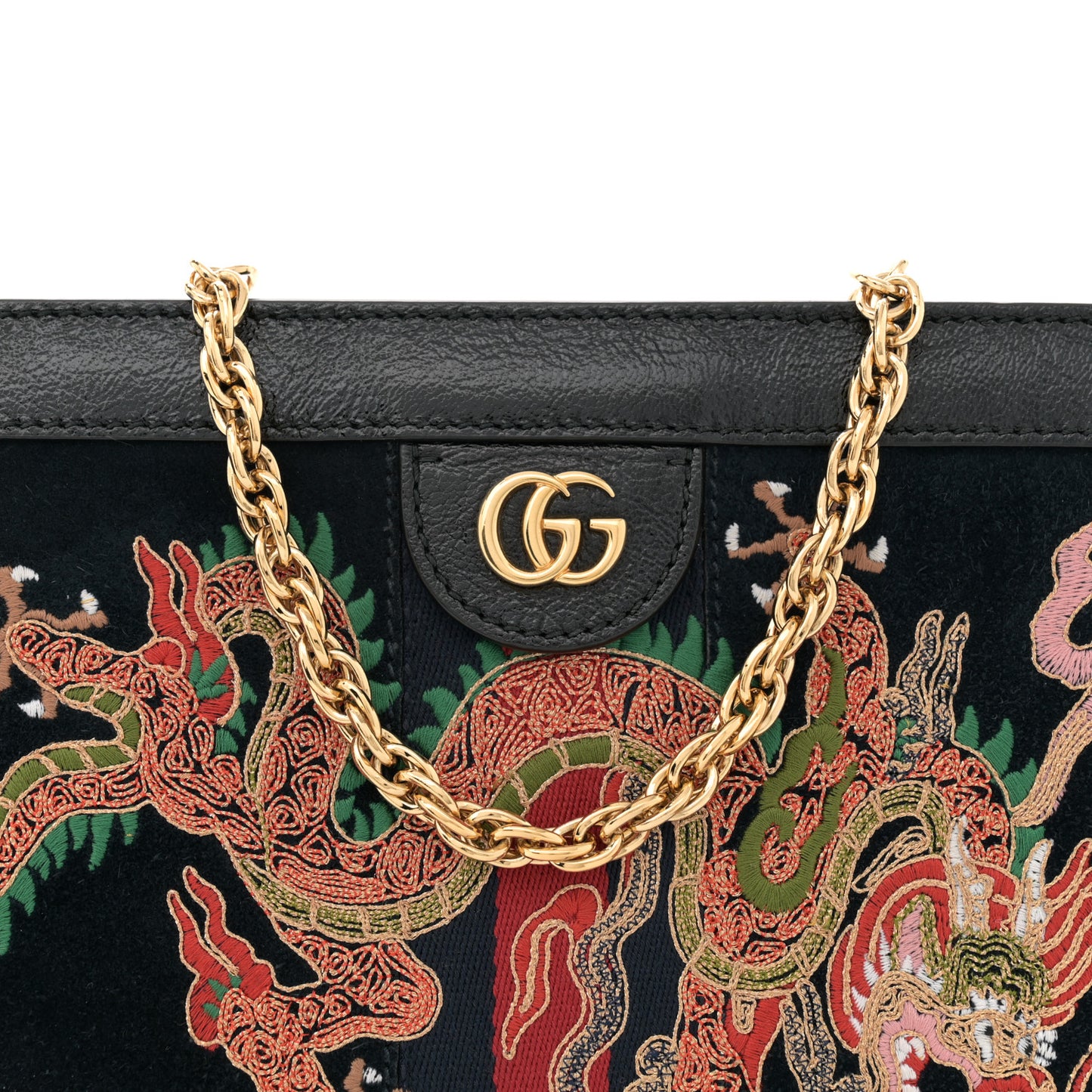 Suede Patent Web Dragon Embroidered Small Ophidia Chain Shoulder Bag Blue Black