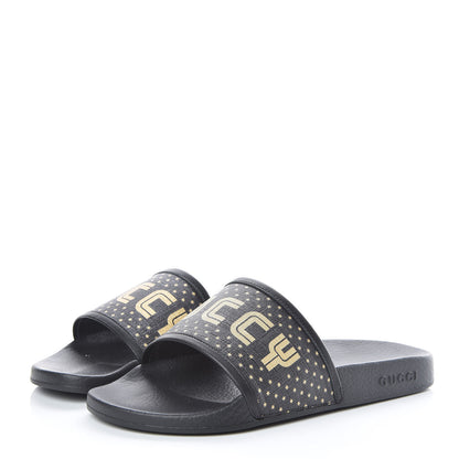 Gucci X SEGA Supreme Canvas GUCCY Stars Mens Slide Sandals 8 Black Gold 3 of 10