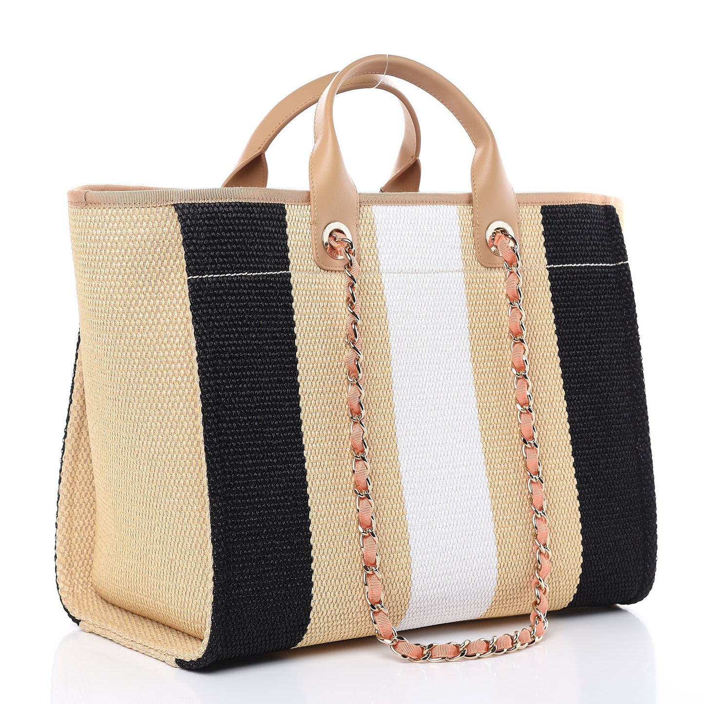 Straw Raffia Calfskin Striped Large Deauville Tote Black Beige Ivory