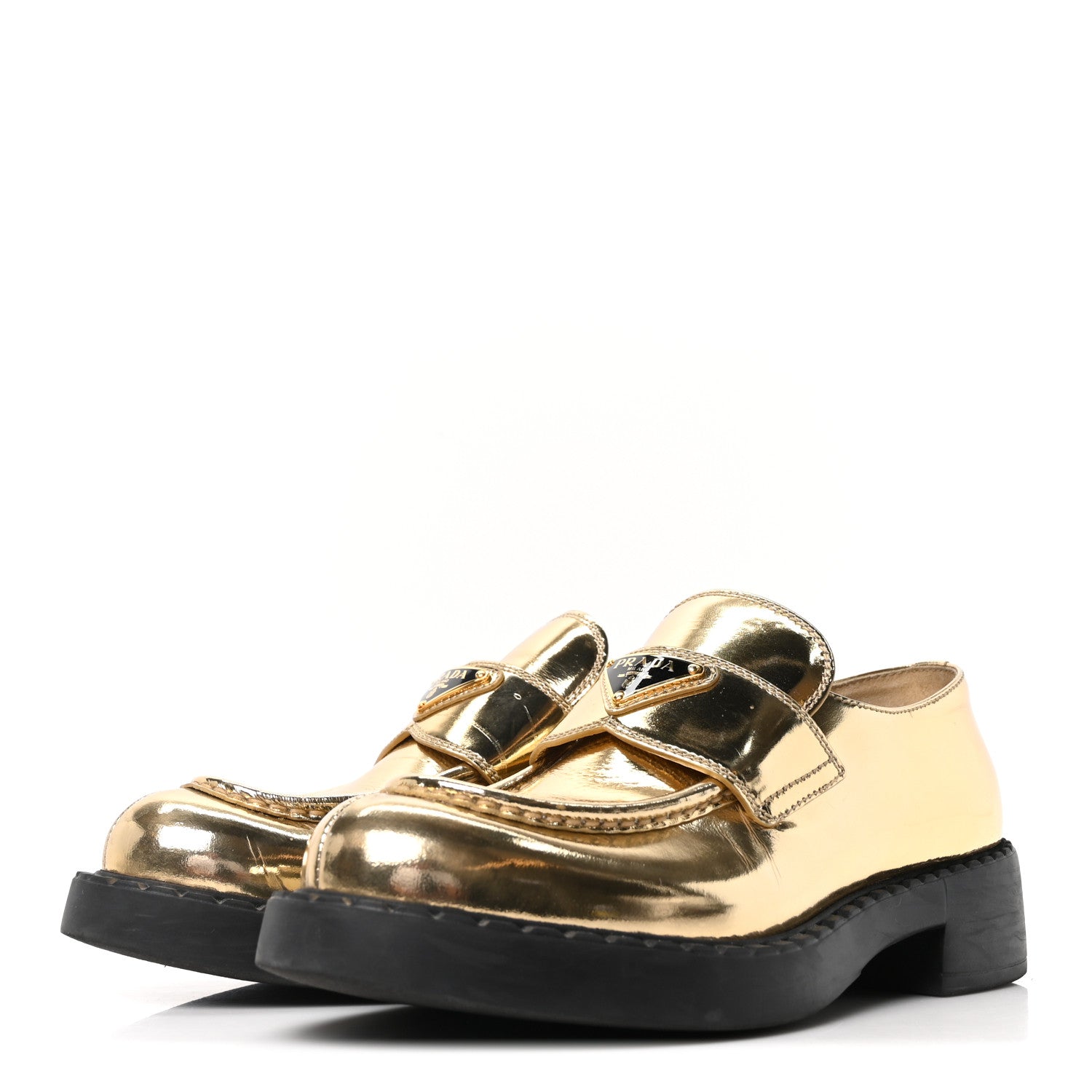 Prada Metallic Brushed Calfskin Metal Triangle Logo 50mm Loafers 39.5 Platino 4 of 8