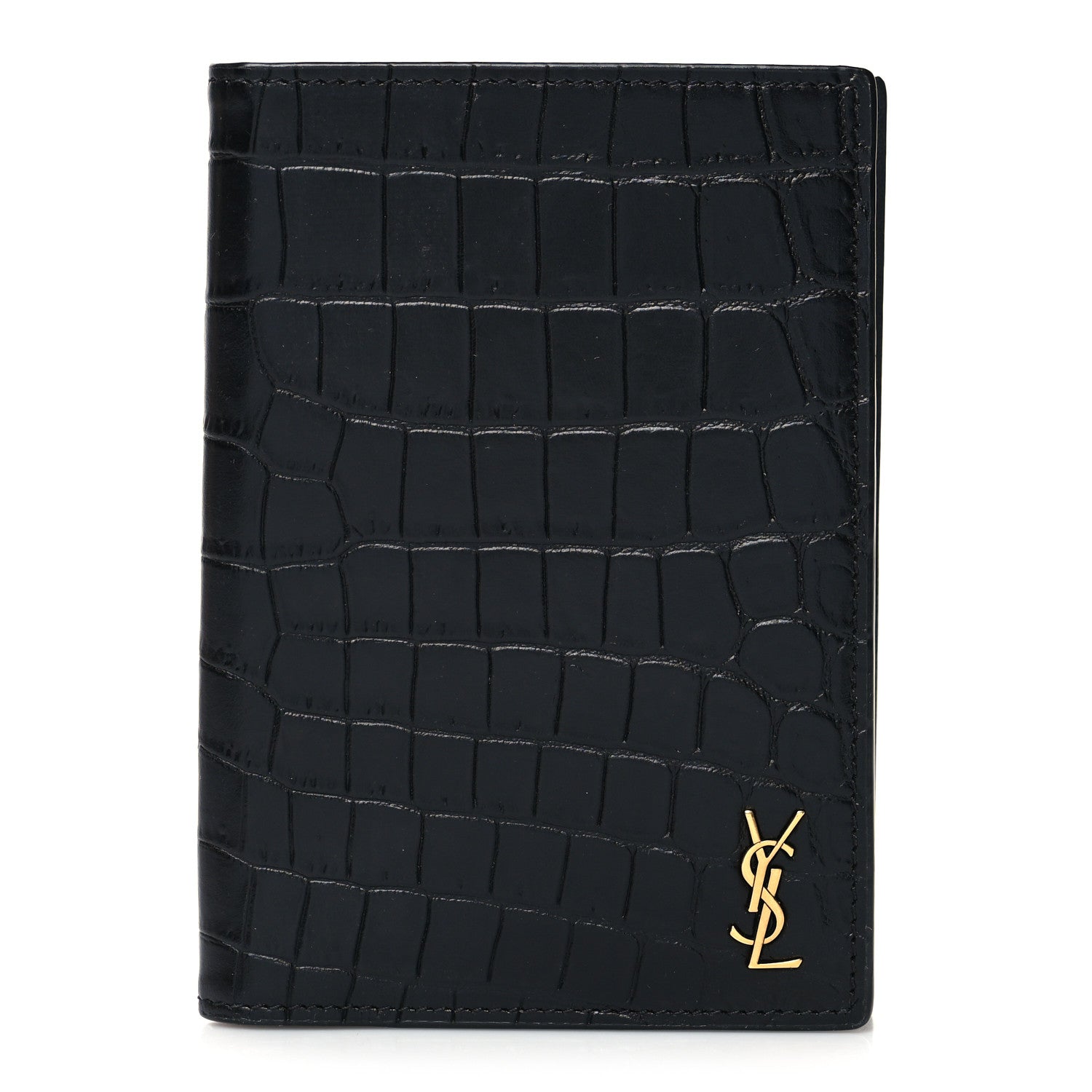 Saint Laurent Crocodile Embossed Tiny Cassandre Passport Holder Black 1 of 8