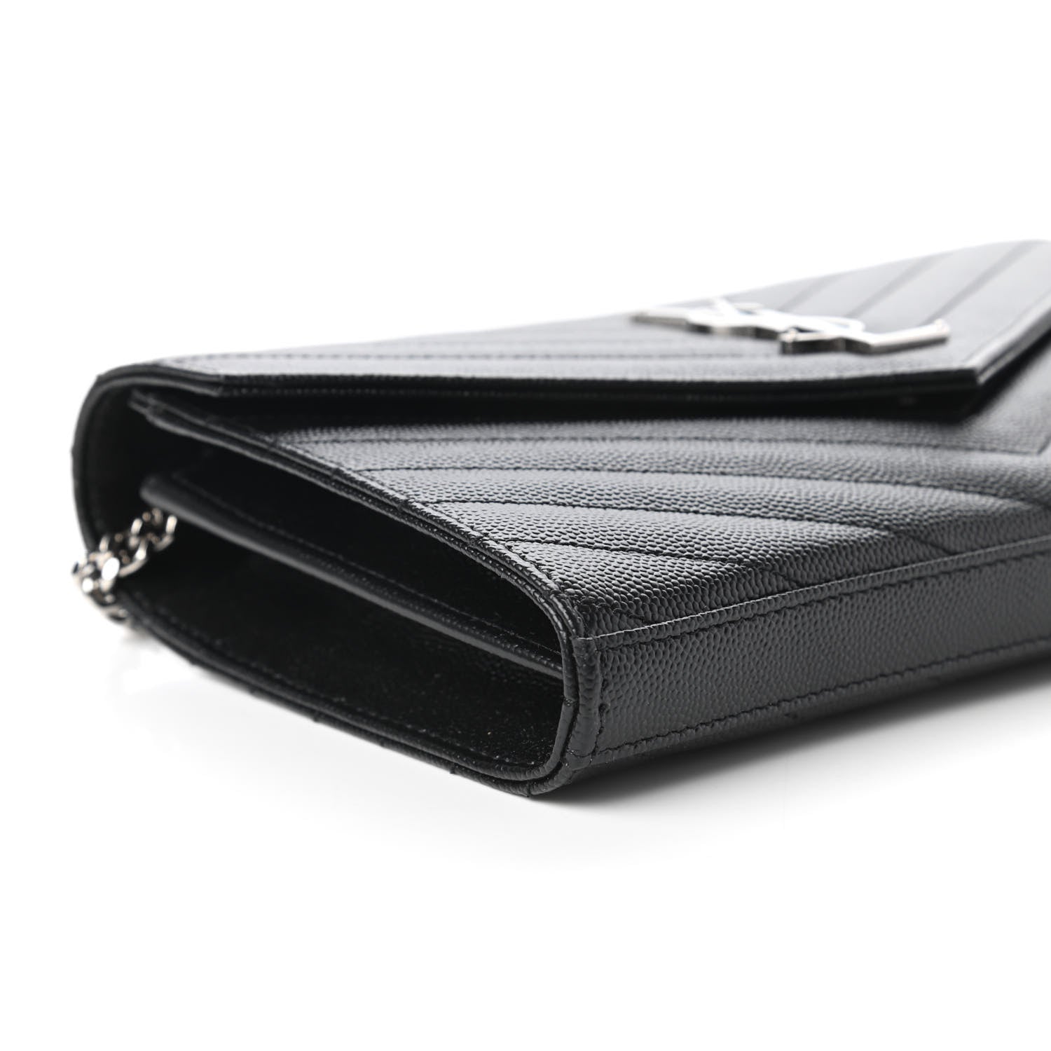 Saint Laurent Grain De Poudre Matelasse Chevron Monogram Chain Wallet Black 6 of 10
