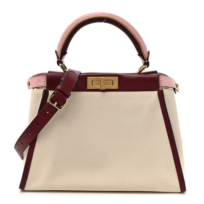 Fendi Canvas Calfskin Crocodile Embossed Medium Peekaboo Iconic Satchel Grezzo Barolo Bubblegum 1 of 17